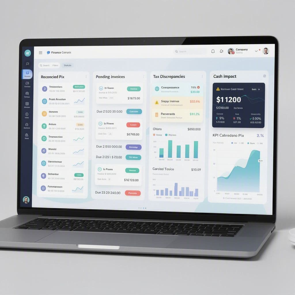 Dashboard mostrando Pix conciliado e NF-e pendente em uma operação de PME
