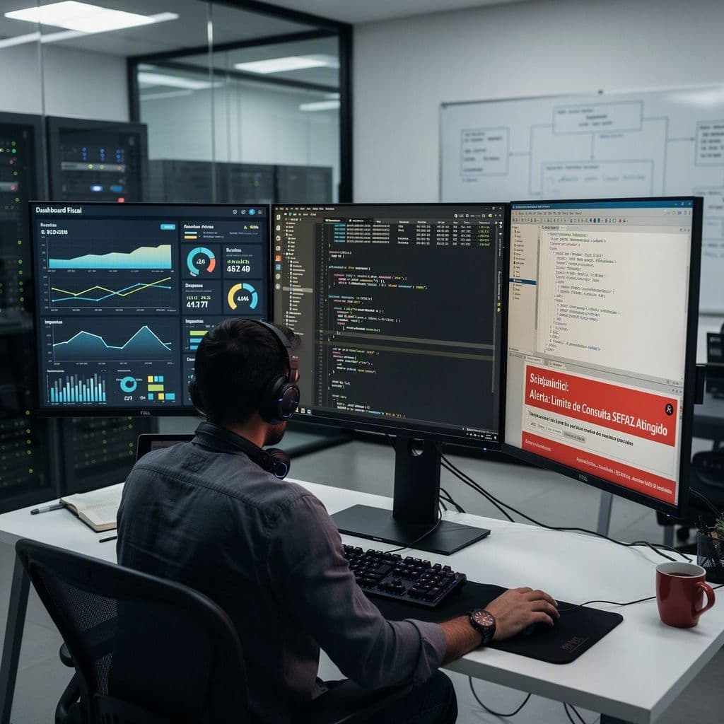 Arquiteto de software analisando gargalos de consulta fiscal em um painel técnico