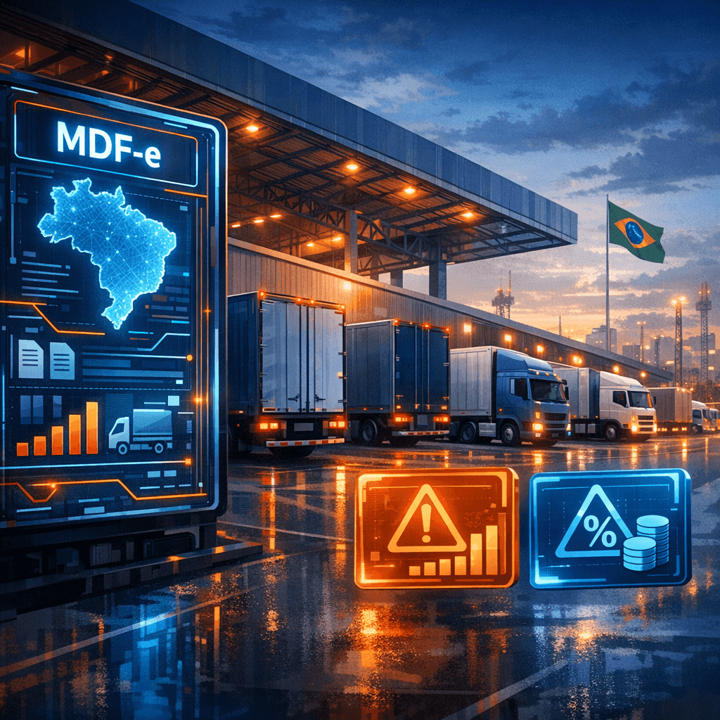 Painel logístico com caminhões e alertas de MDF-e relacionados à Reforma Tributária de 2025