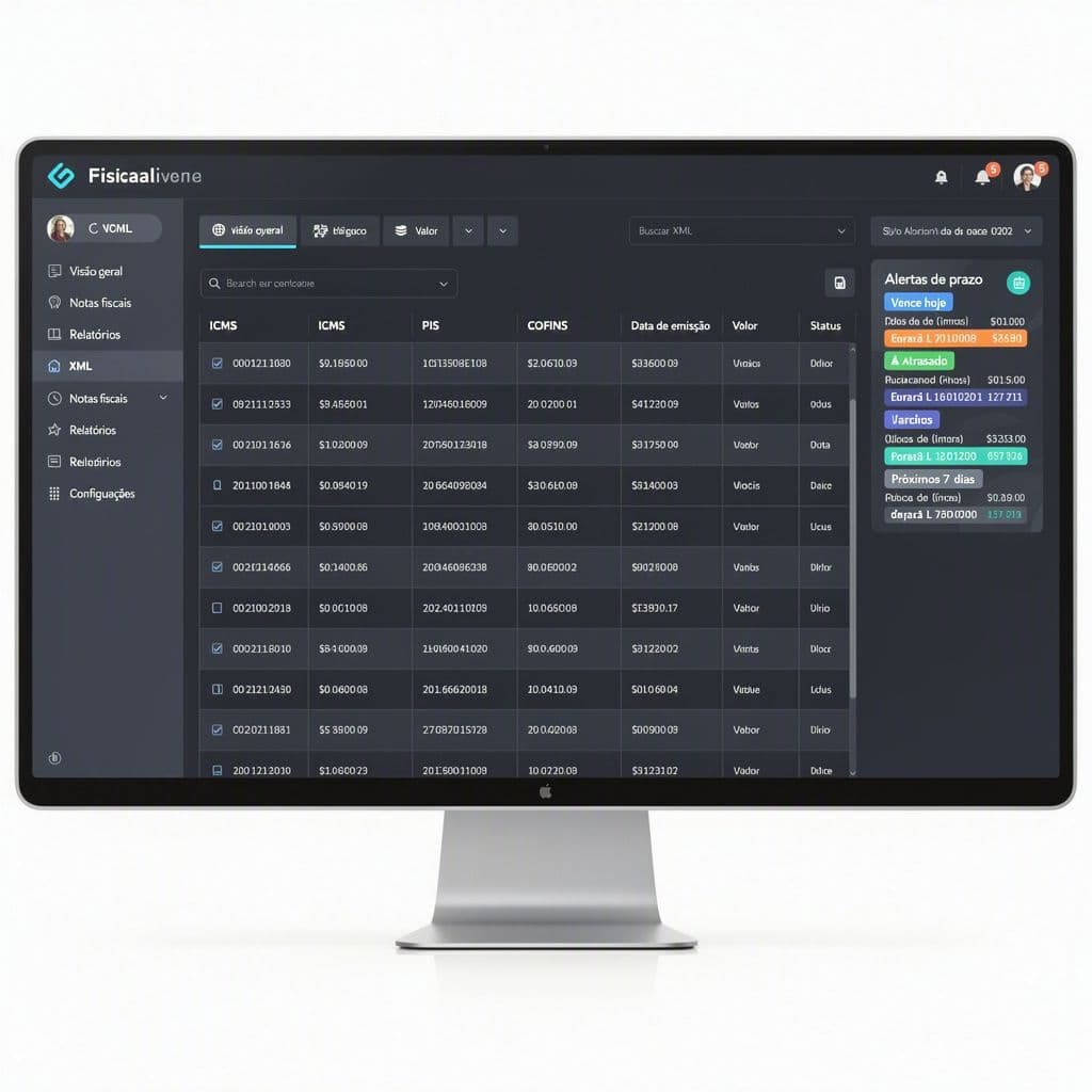 Dashboard fiscal com XMLs, alertas e indicadores tributários