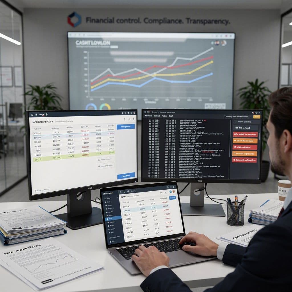 Controller comparando extratos bancários e XMLs fiscais com alertas de divergências no caixa