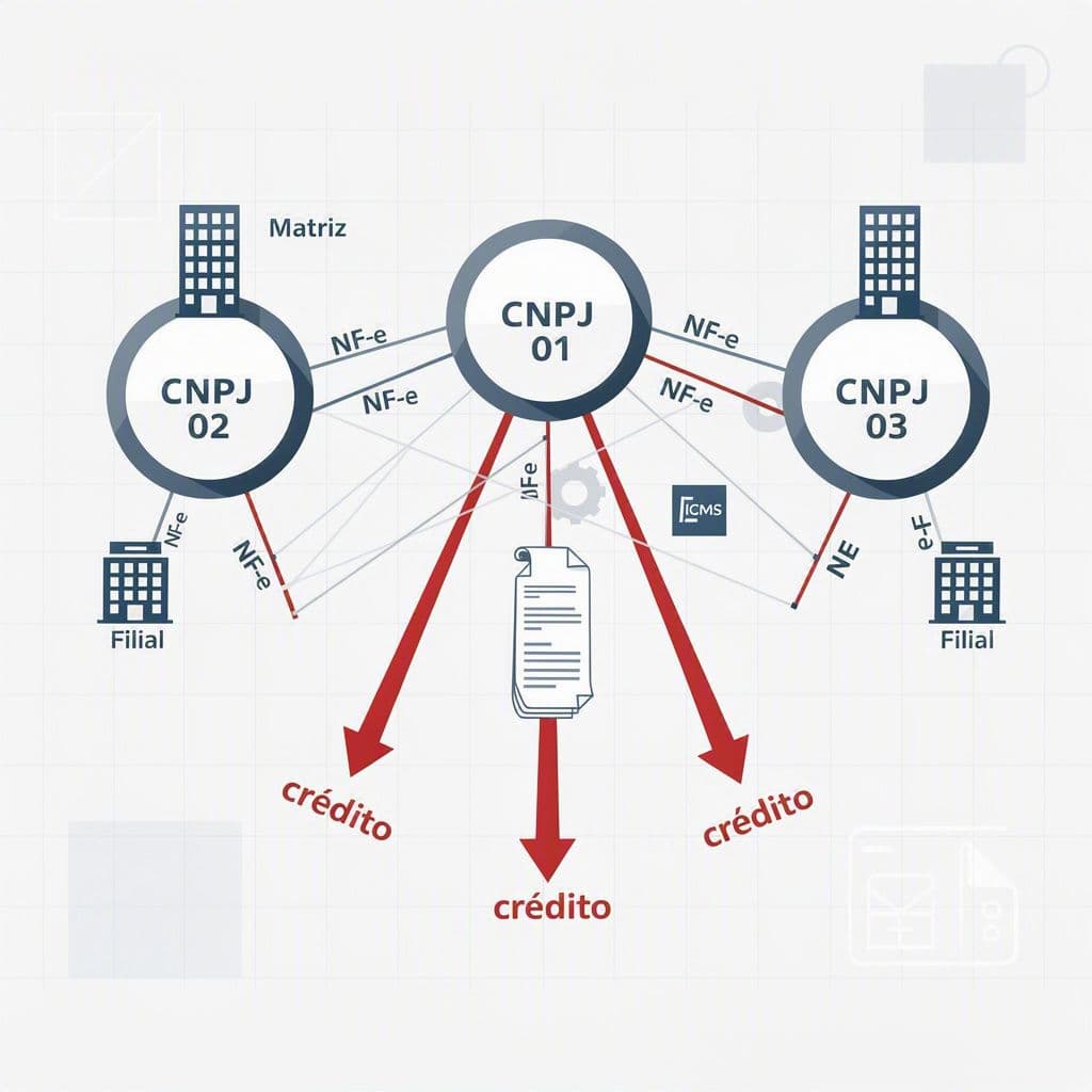 Diagrama de múltiplos CNPJs com notas fiscais cruzadas e créditos de ICMS vazando