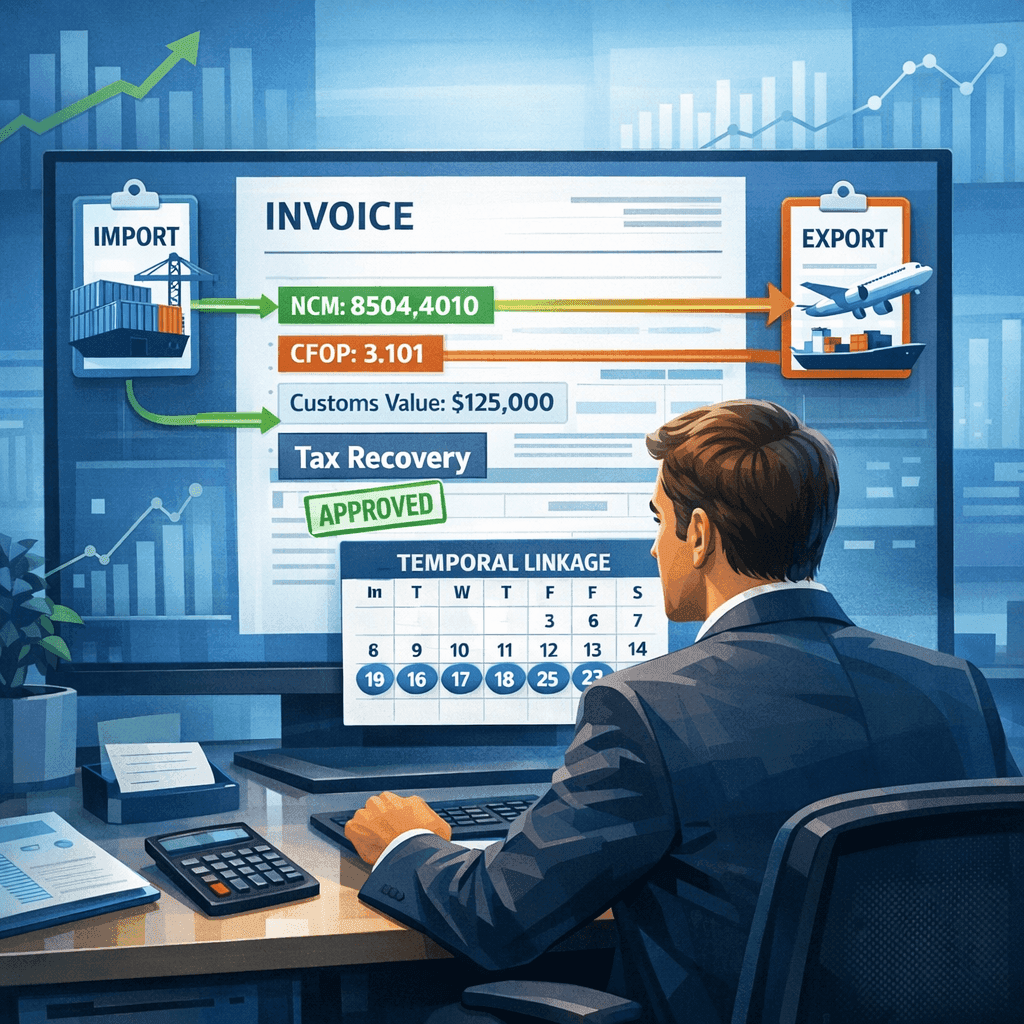 Gestor fiscal conectando NF-e de importação e exportação para identificar créditos de Drawback