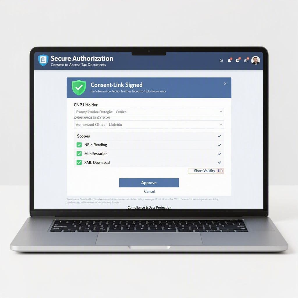 Exemplo conceitual de consent-link com escopo, prazo e auditoria
