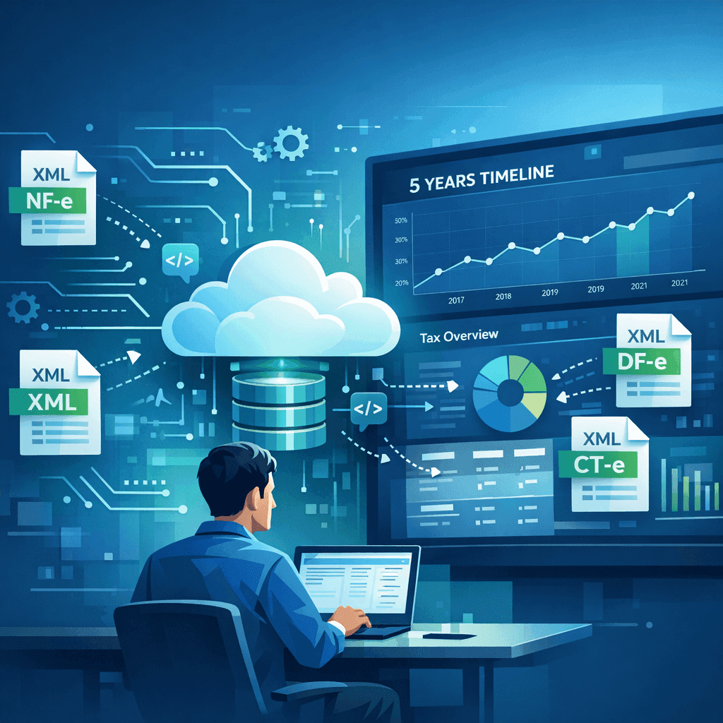 Desenvolvedor construindo analytics fiscais com histórico ilimitado de NF-e, DF-e e CT-e
