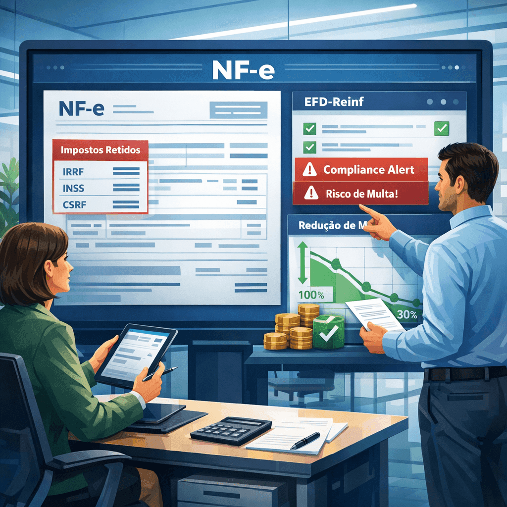 Contadores analisando dados de NF-e e retenções em dashboard para envio da EFD-Reinf