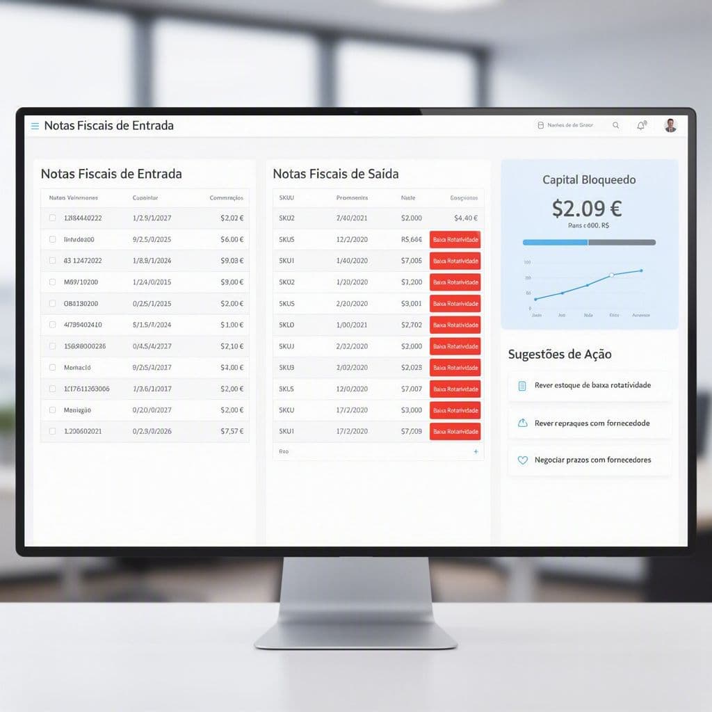 Dashboard com entradas e saídas fiscais destacando produtos de baixo giro