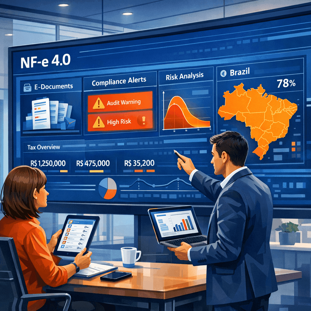 Gestores analisando painel de compliance fiscal da NF-e 4.0 em operação de e-commerce