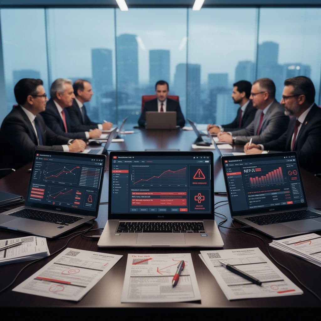 Executivos analisando riscos fiscais em NF-e durante due diligence de fusão ou aquisição