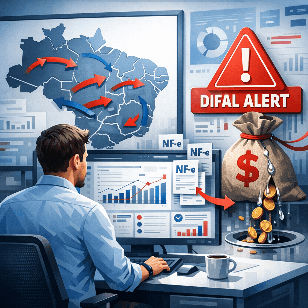 Gestor analisando NF-e interestaduais e alertas de DIFAL em painel fiscal