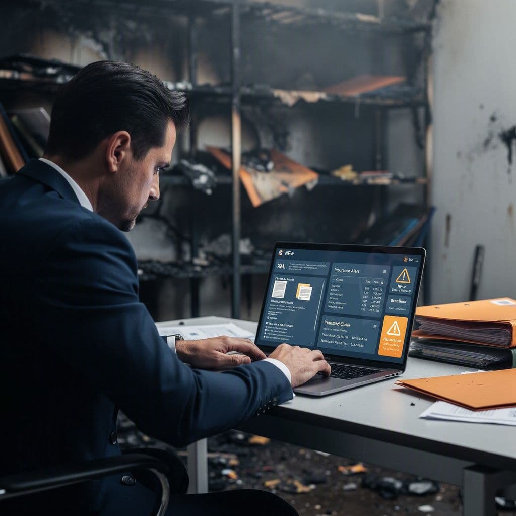 Gestor de PME após sinistro tentando comprovar notas fiscais e XMLs para seguradora