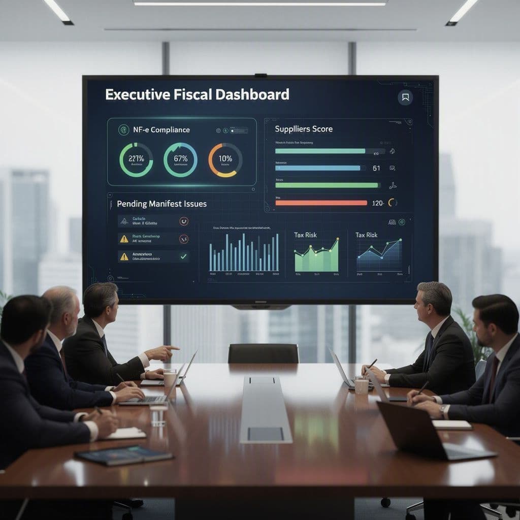 Dashboard fiscal executivo com indicadores de compliance de NF-e para conselho e acionistas