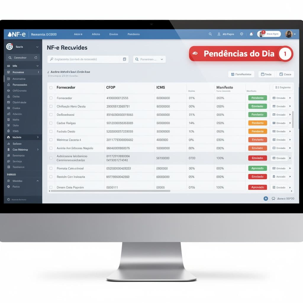 Dashboard do DF-e com NF-e recebidas e alertas fiscais