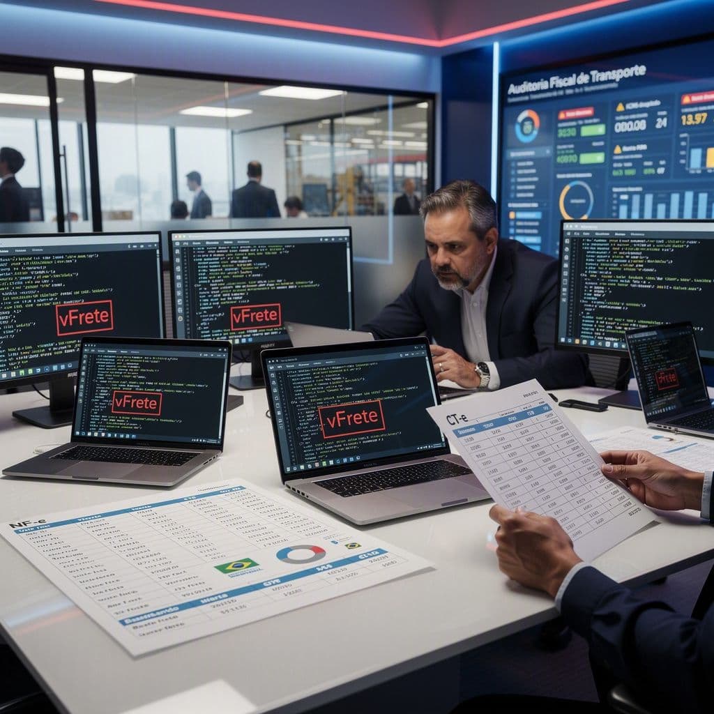 Gestor logístico analisando discrepâncias de frete entre NF-e e CT-e com alerta de ICMS duplicado