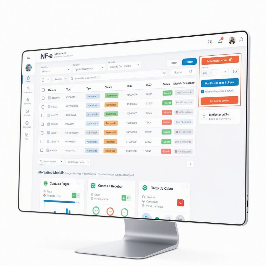 Painel moderno centralizando DF-e e financeiro em uma única interface