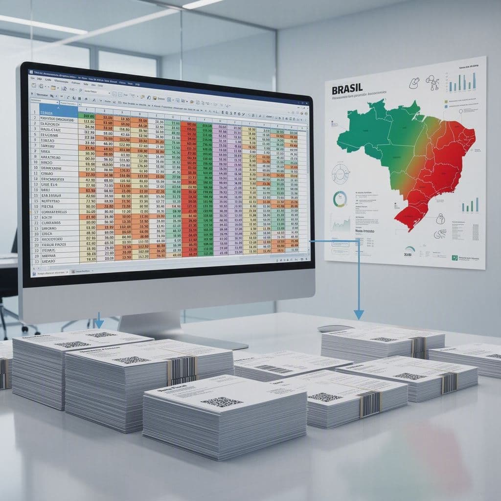 Planilha complexa ao lado de notas fiscais e mapa do Brasil com regras estaduais diferentes