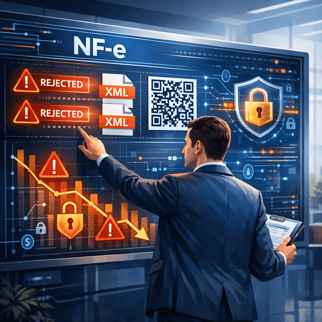 Gestor fiscal analisando impactos do layout 5.0 da NF-e em painel com alertas de manifesto e risco de caixa
