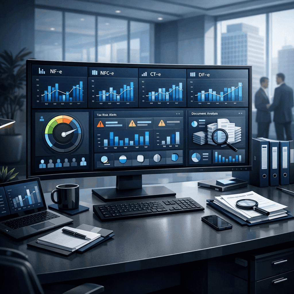 Dashboard de due diligence fiscal com análise de NF-e e score de conformidade de fornecedores