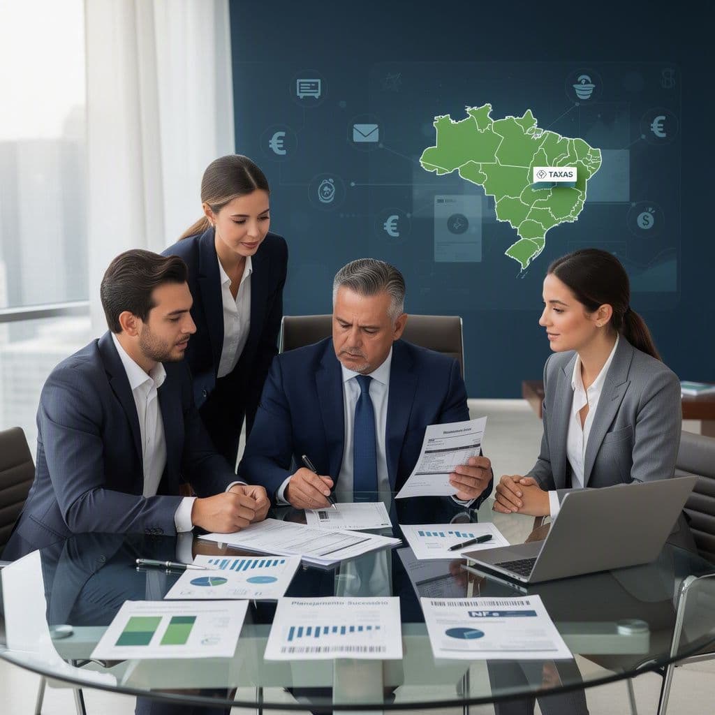 Empresário e herdeiros analisando NF-e e planejamento sucessório empresarial com foco fiscal