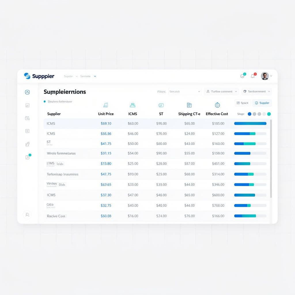 Painel comparando fornecedores por preço, impostos e frete