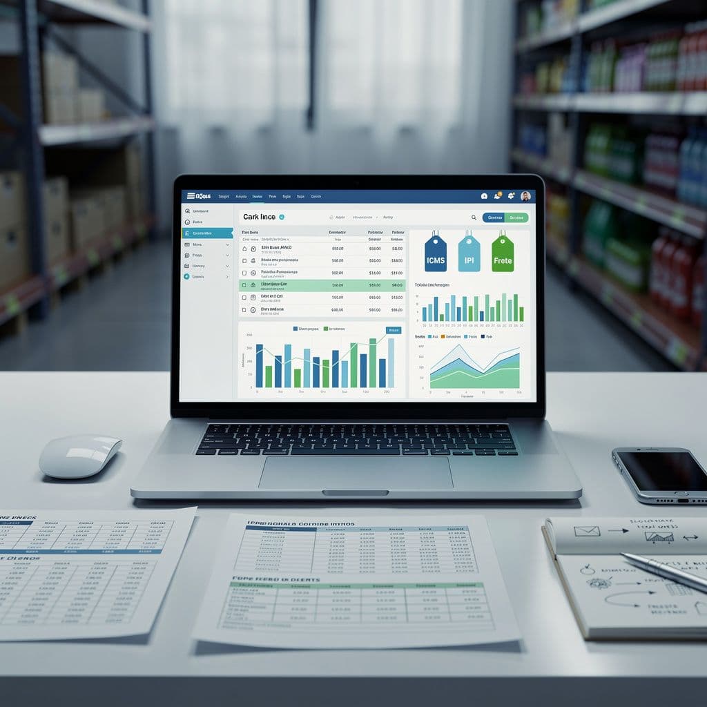 Dashboard de NF-e mostrando custos reais, impostos e impacto na precificação