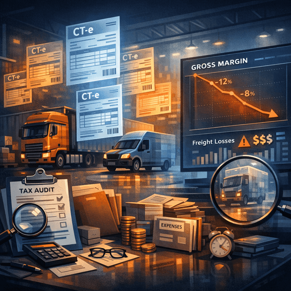 Dashboard logístico com CT-e destacados como perdas invisíveis que afetam a margem bruta