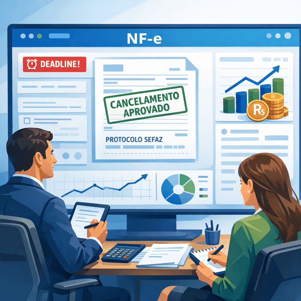 Gestor e contador analisando painel de cancelamento de NF-e com alertas de prazo e protocolo SEFAZ