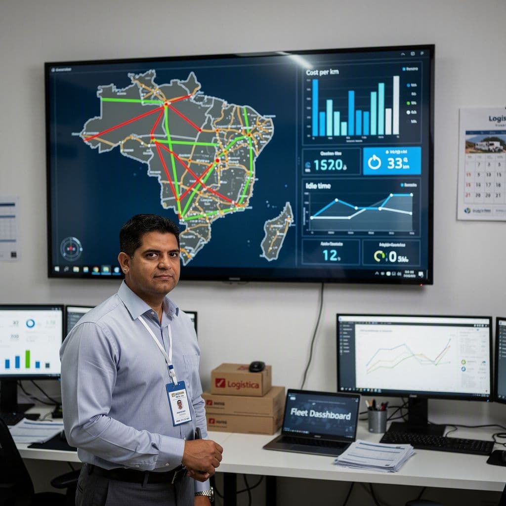 Gestor de frota analisando mapa de rotas com indicadores de custo