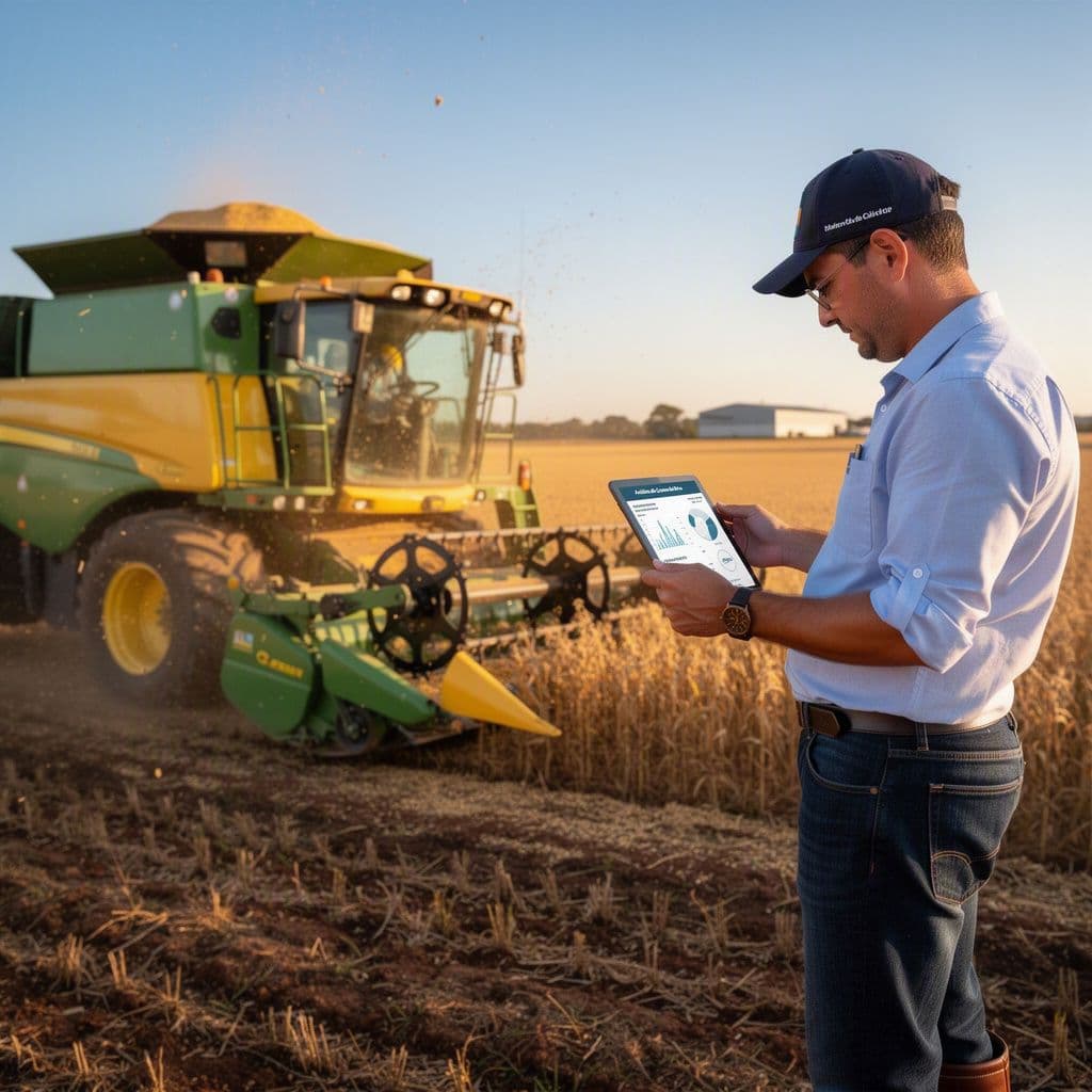 Gestor rural analisando indicadores de custo em tablet ao lado de colheitadeira no campo