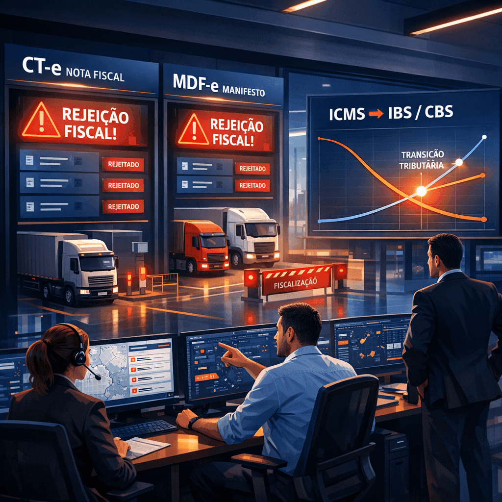 Gestores de frota analisando rejeições de CT-e e impactos da reforma tributária em caminhões parados
