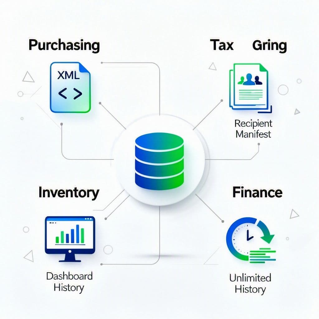 Fluxo integrado entre compras, fiscal, estoque e financeiro a partir de um repositório central de notas.