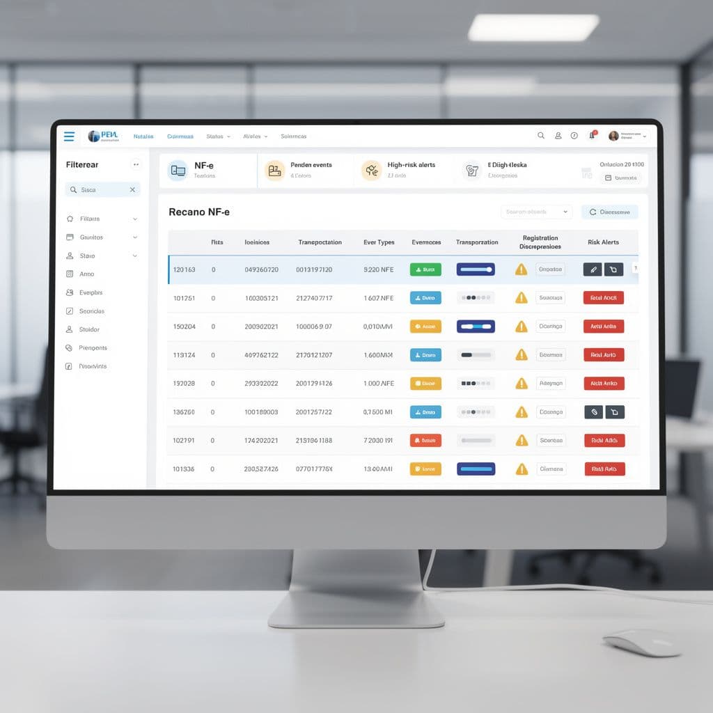 Tela de monitoramento com nota fiscal, eventos e status de risco do fornecedor