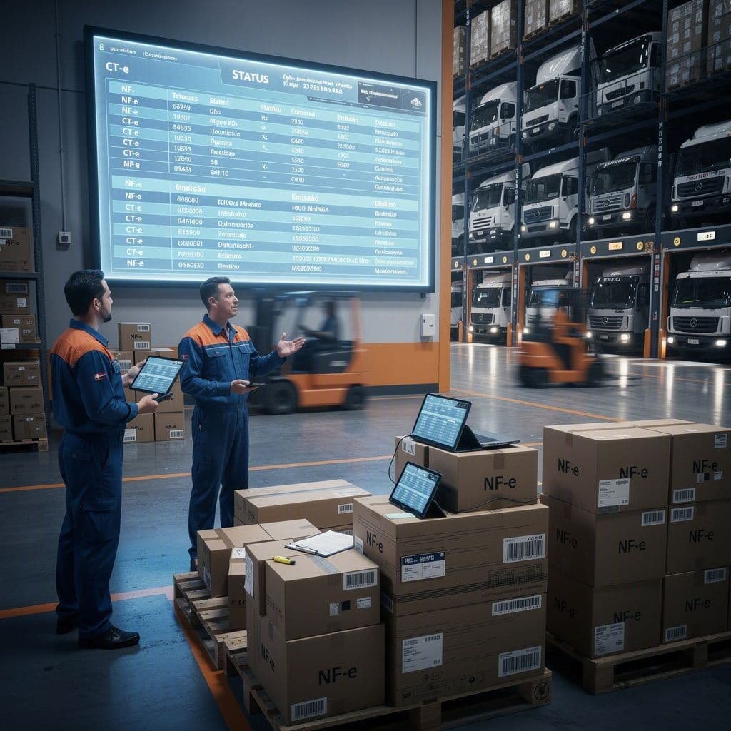 Centro de distribuição com mercadorias paradas e painel de NF-e destacando gargalos logísticos