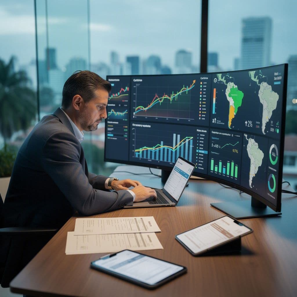 Empreendedor analisando tendências de mercado a partir de notas fiscais em um dashboard estratégico