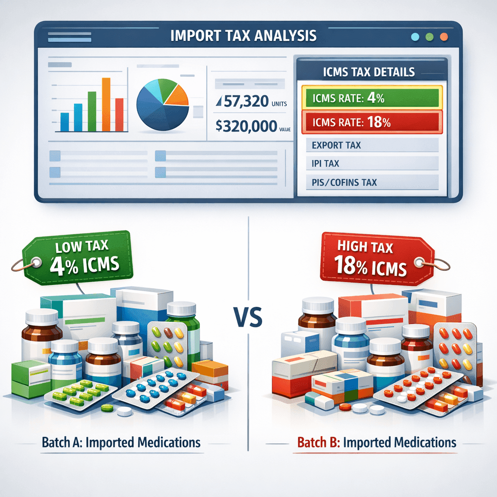 Lotes de medicamentos importados com tratamentos fiscais diferentes.