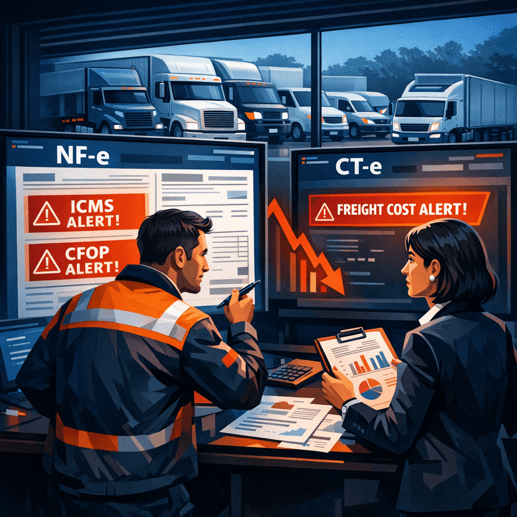 Gestores analisando NF-e e CT-e de leasing com alertas de custos da frota