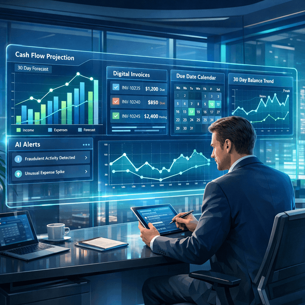 Gestor analisando previsão de fluxo de caixa com IA em dashboard financeiro