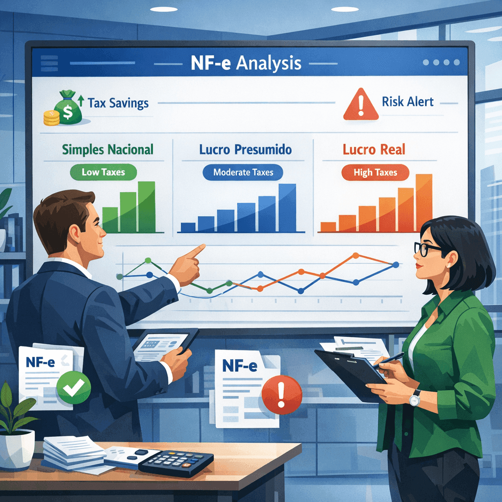 Gestor fiscal e contador analisando NF-e para comparar regimes tributários em dashboard