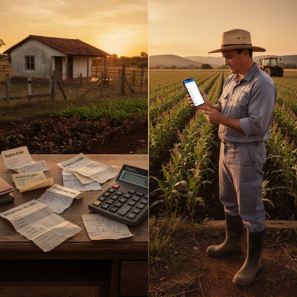 Equipe rural registrando gastos no campo e comparando com papéis antigos