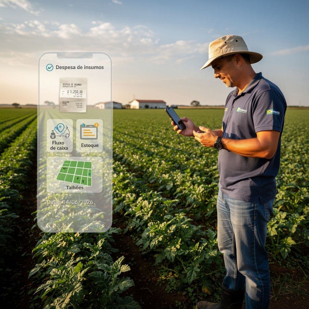 Gerente de fazenda registrando despesa do talhão pelo celular com atualização automática do caixa