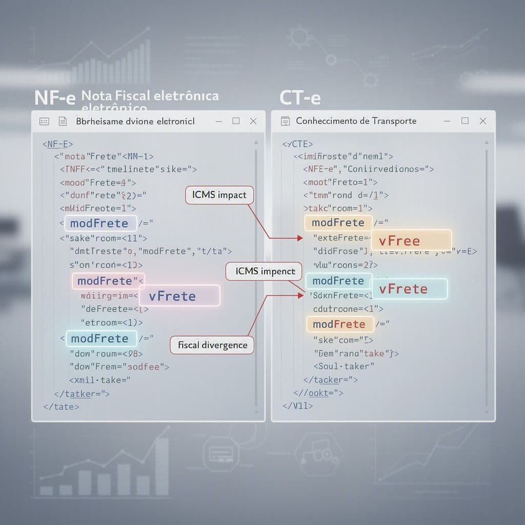 Comparação visual entre NF-e e CT-e com campos de frete divergentes