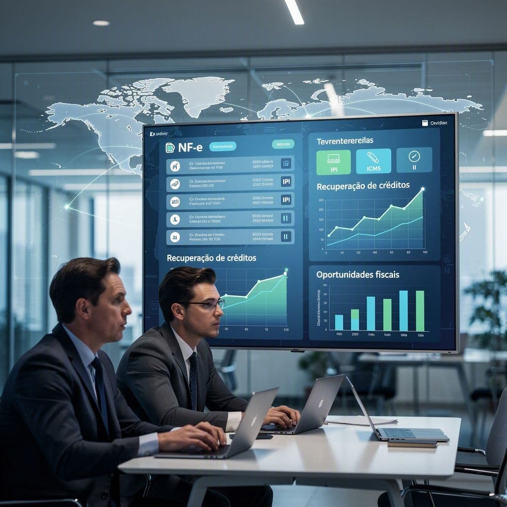 Gerente de comércio exterior analisando NF-e e créditos de drawback em dashboard fiscal