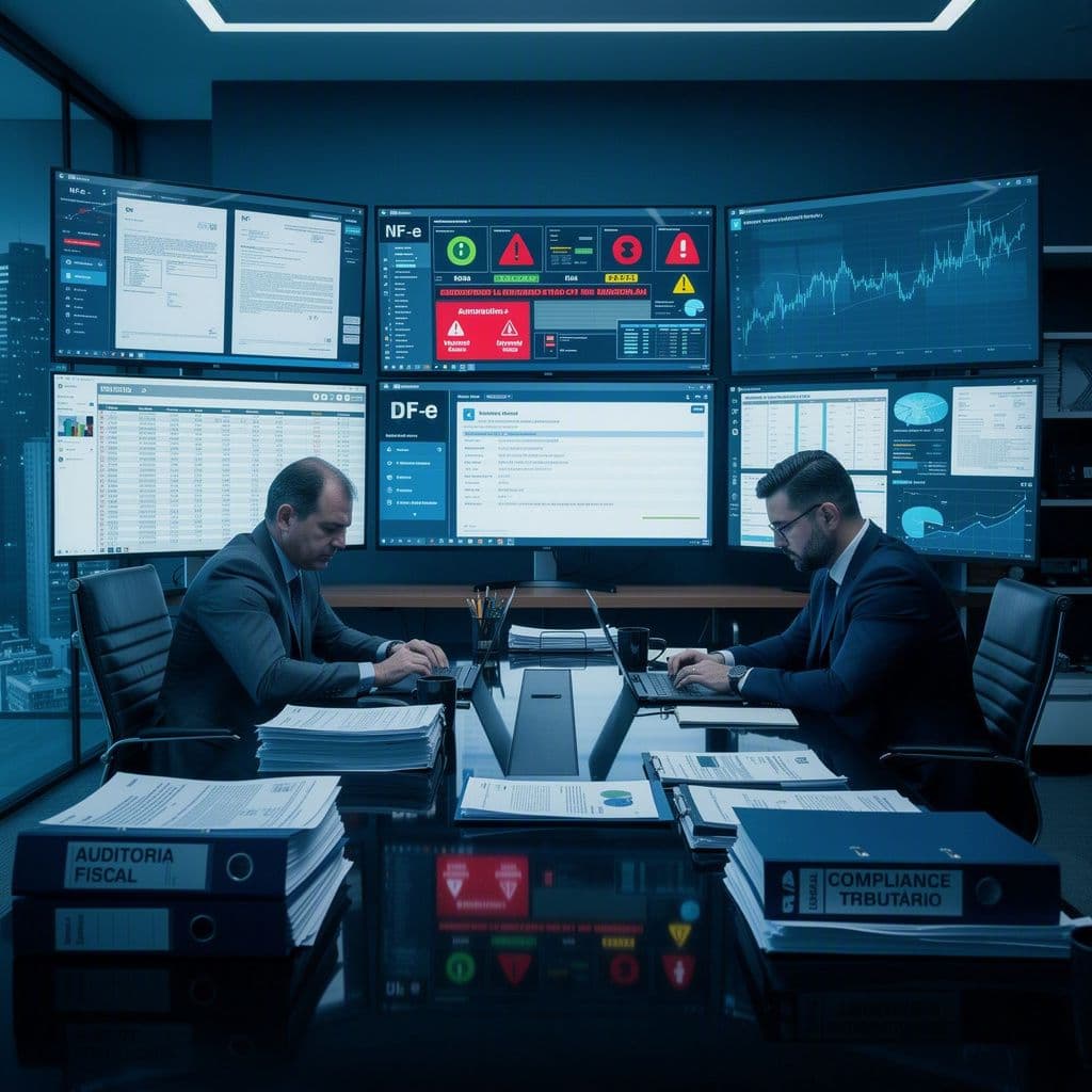 CFO e gestor fiscal analisando alertas de NF-e, DF-e e CT-e em um painel de risco de fiscalização eletrônica