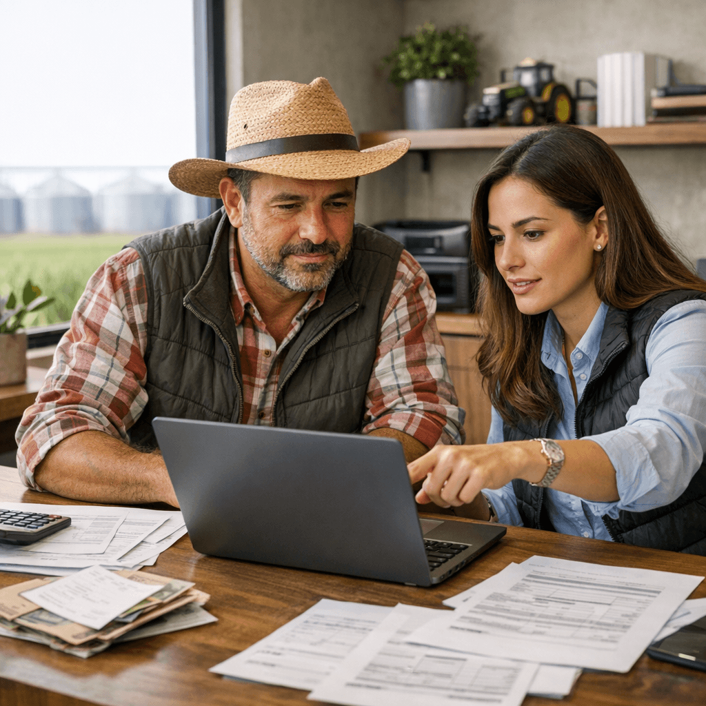 Produtor rural e consultora analisando LCDPR em notebook