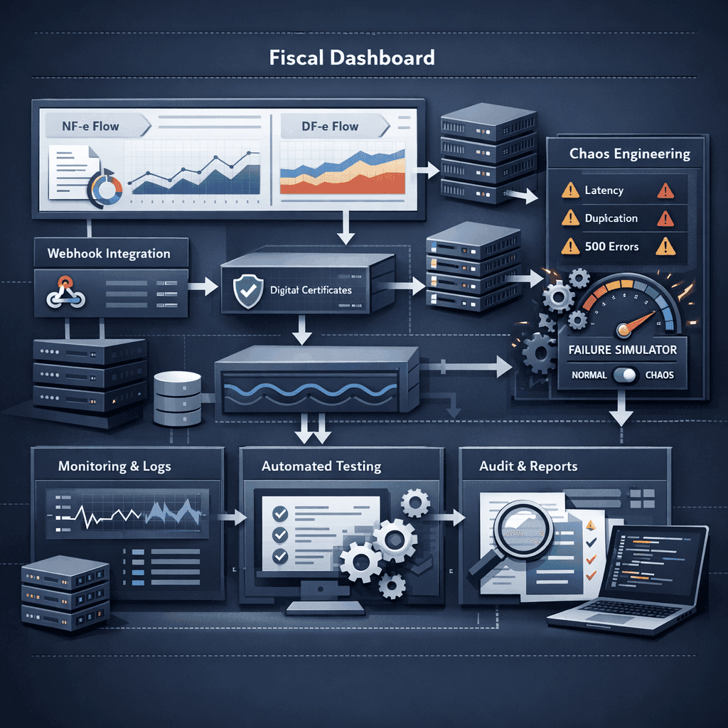 Dashboard técnico com falhas controladas em fluxos de NF-e e DF-e para testes de resiliência fiscal
