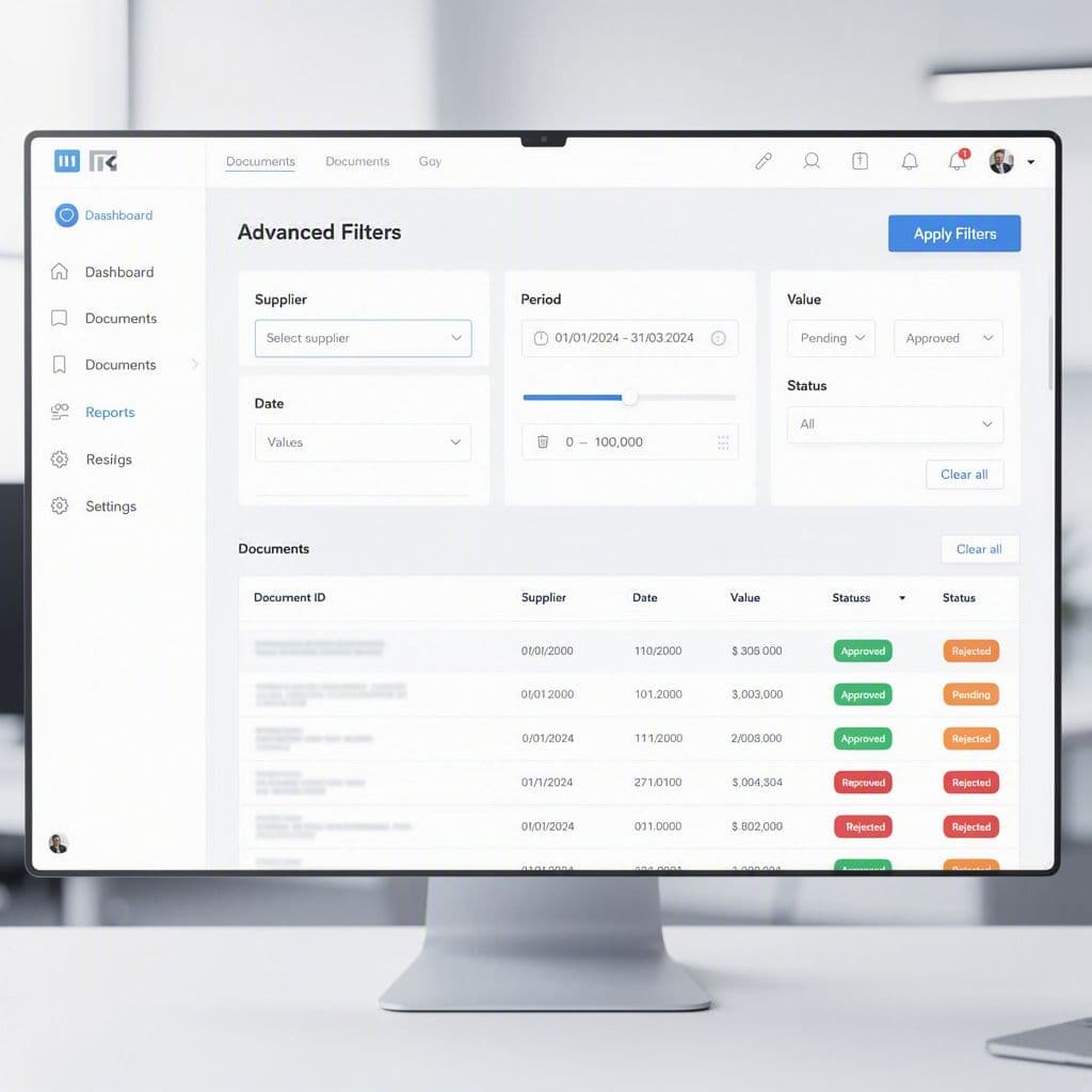 Dashboard com filtros de notas por fornecedor, valor e período.