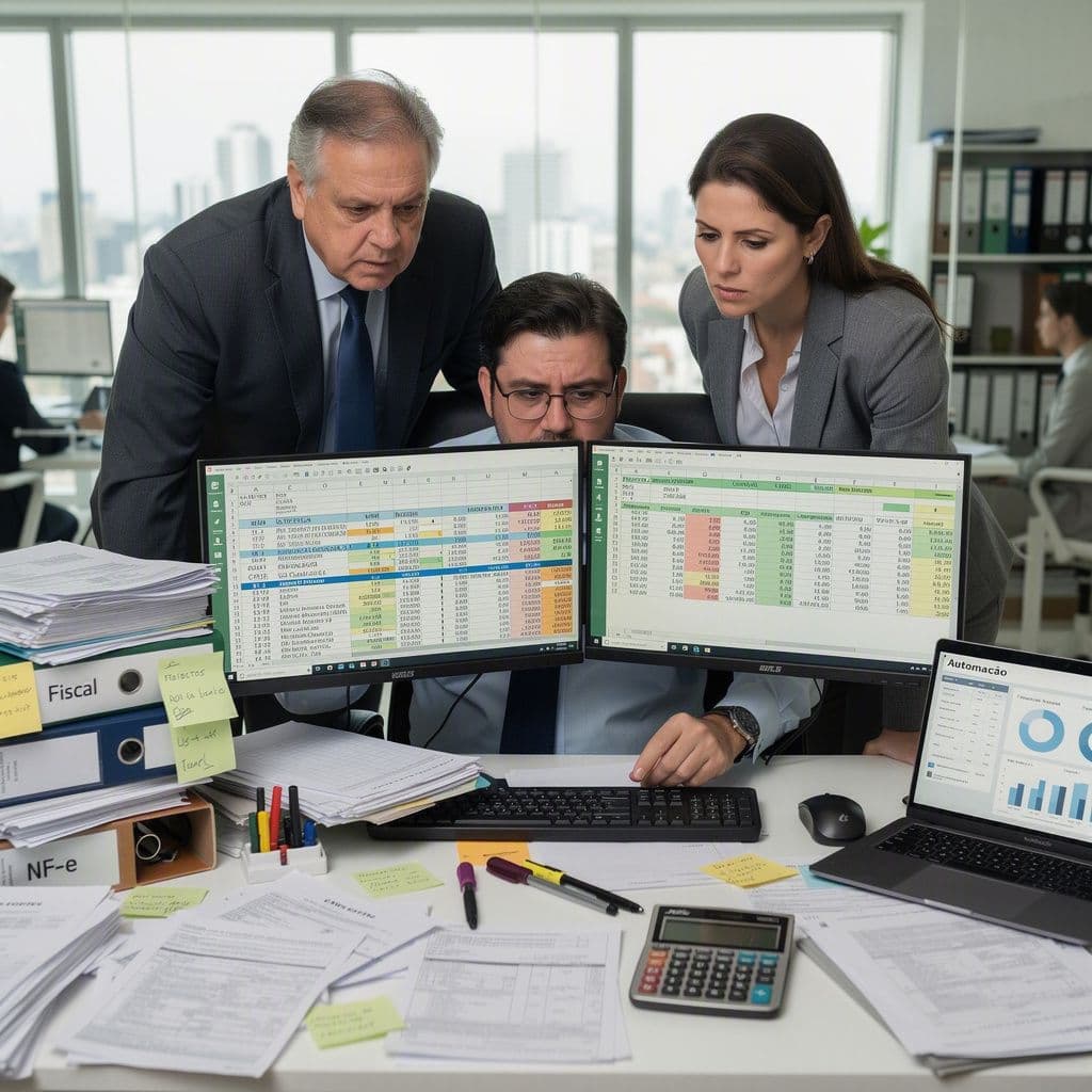 Equipe fiscal de holding familiar discutindo divisão de nota fiscal em planilhas