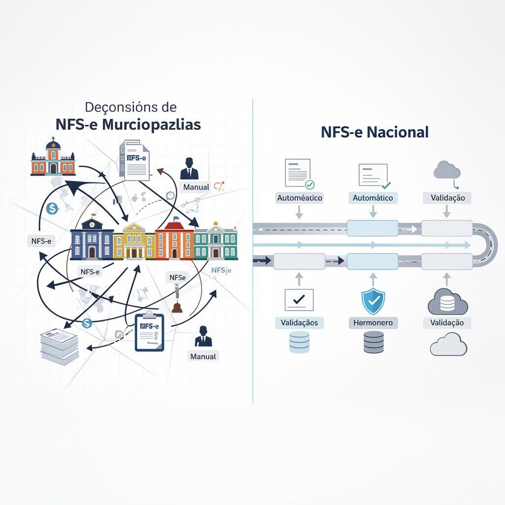 Comparação entre fluxo antigo de emissão municipal e fluxo padronizado da NFS-e Nacional.