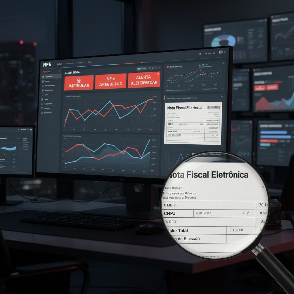 Dashboard de compliance analisando NF-e com alertas de lavagem de dinheiro e risco fiscal