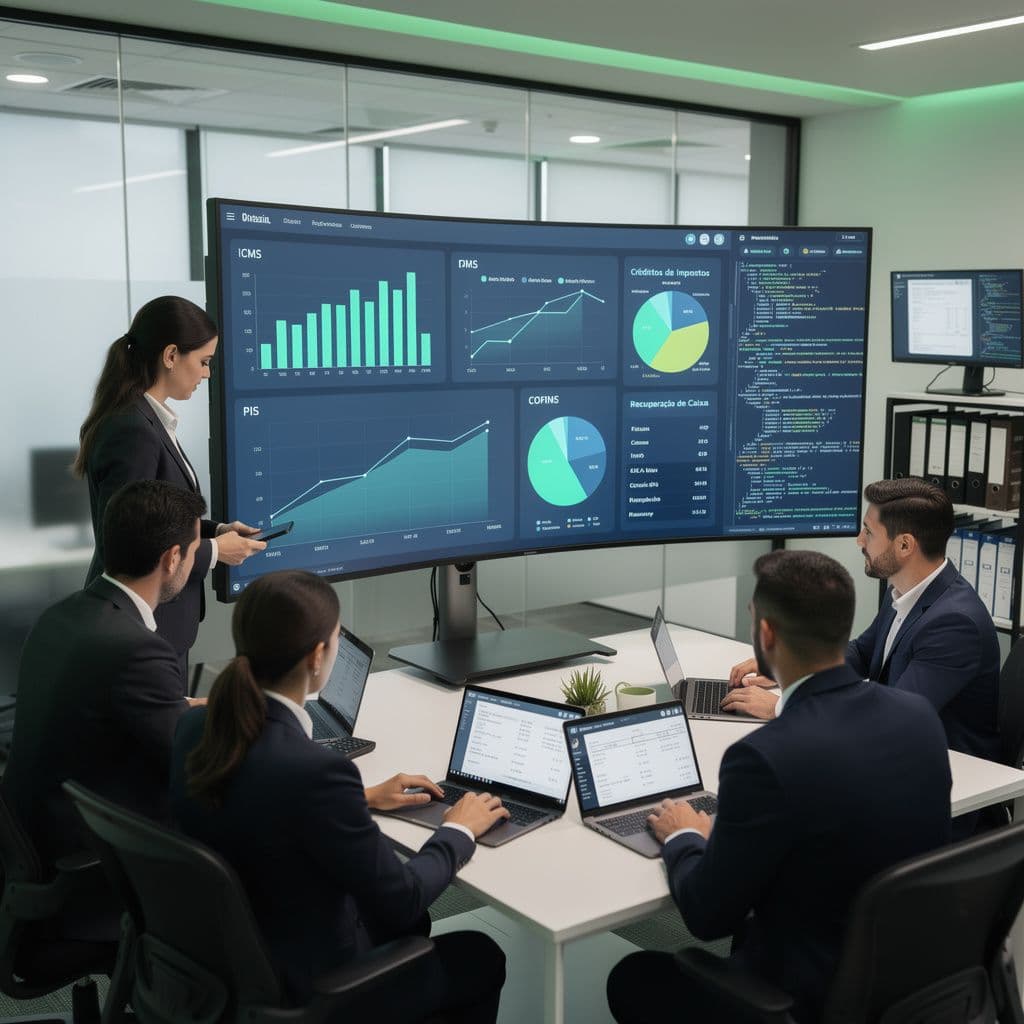 Equipe fiscal analisando NF-e e créditos tributários para PER/DCOMP